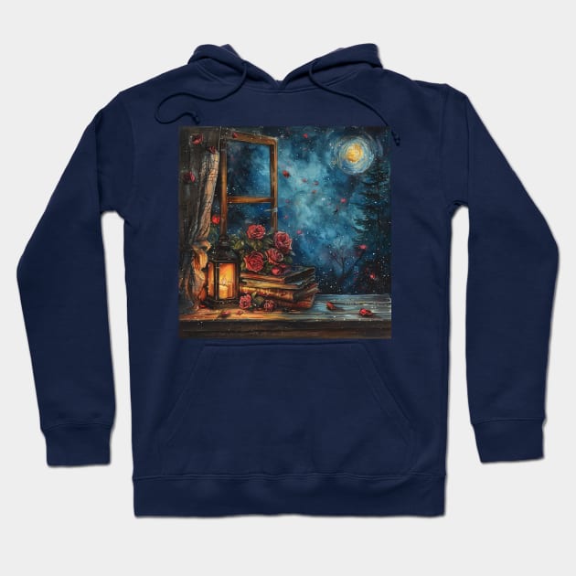 Fantasy winter starry night window Hoodie by feafox92